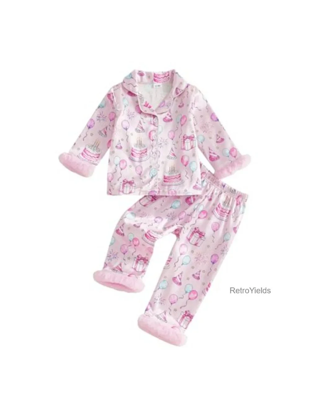 Kuriozud Kids Toddler Girl Pajamas Fuzzy Trim Button Down Shirt Pants 1-7Y